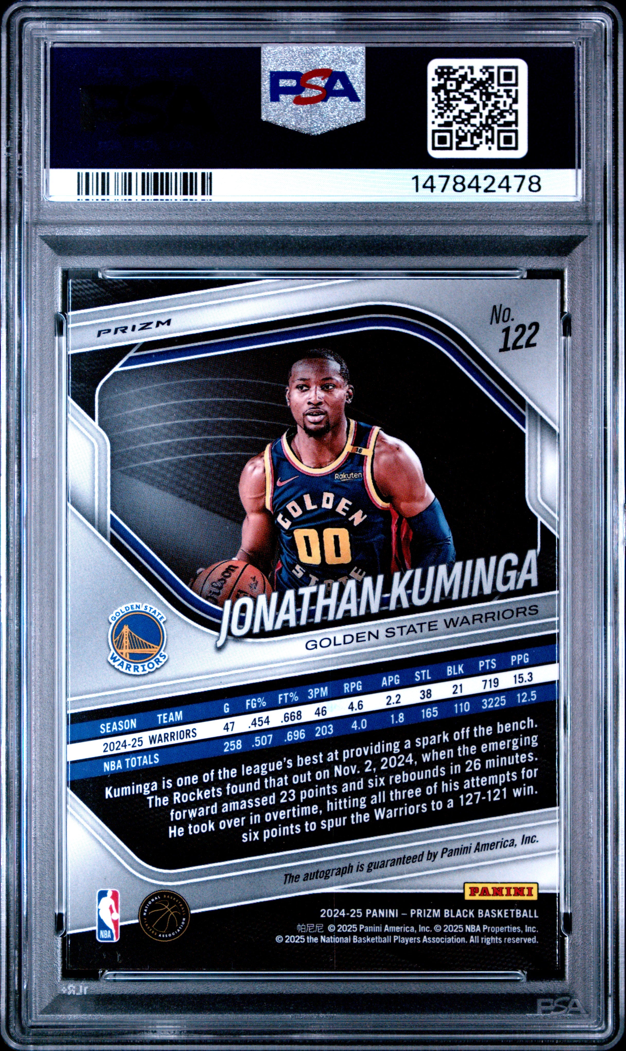 2024 Panini Jonathan Kuminga 122 Panini Prizm Black Autograph PSA 9