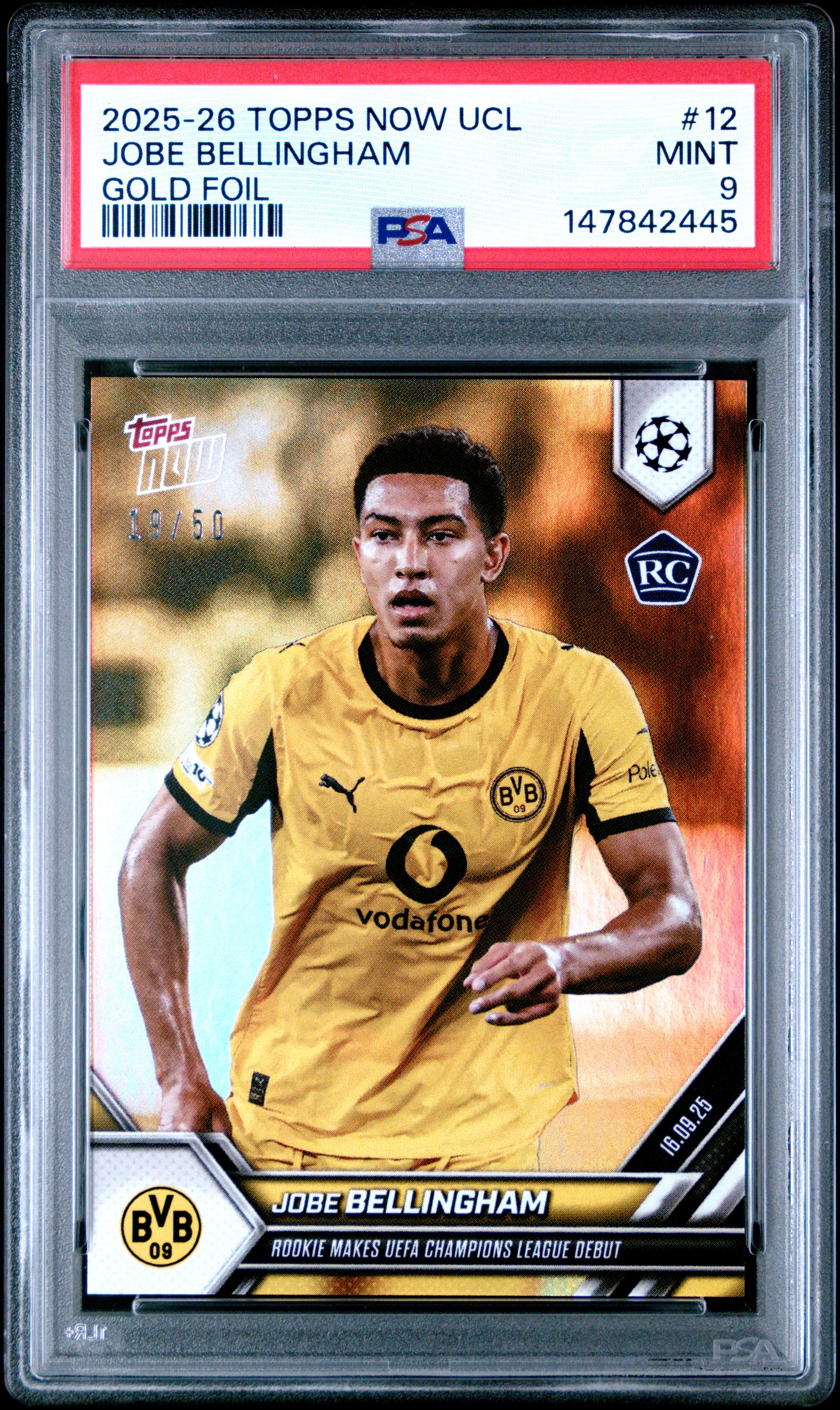 2025-2026 TOPPS NOW UEFA CHAMPIONS LEAGUE #12 JOBE BELLINGHAM GOLD FOIL PSA 9 