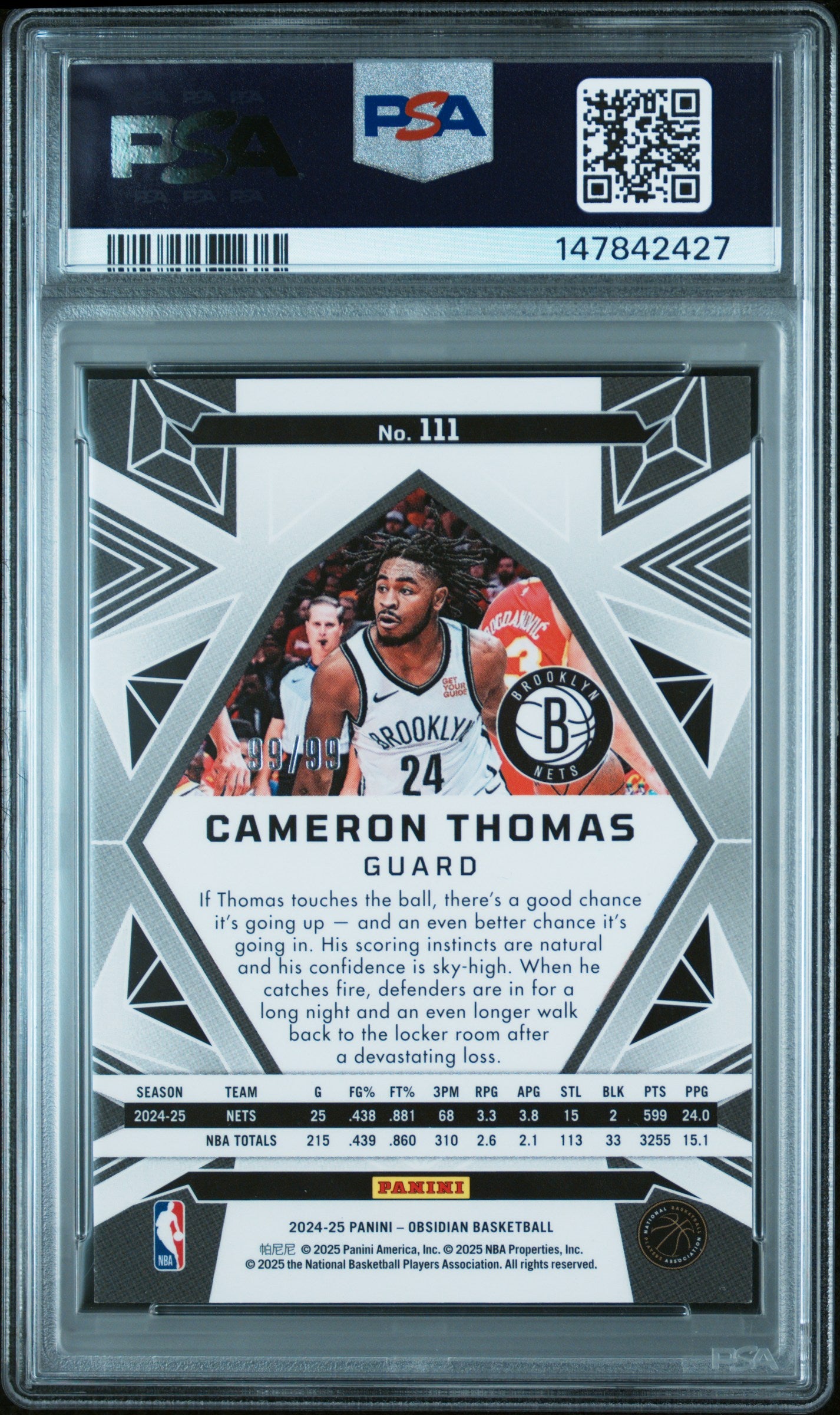 2024 PANINI OBSIDIAN #111 CAMERON THOMAS ELECTRIC ETCH BRONZE FLOOD PSA 9