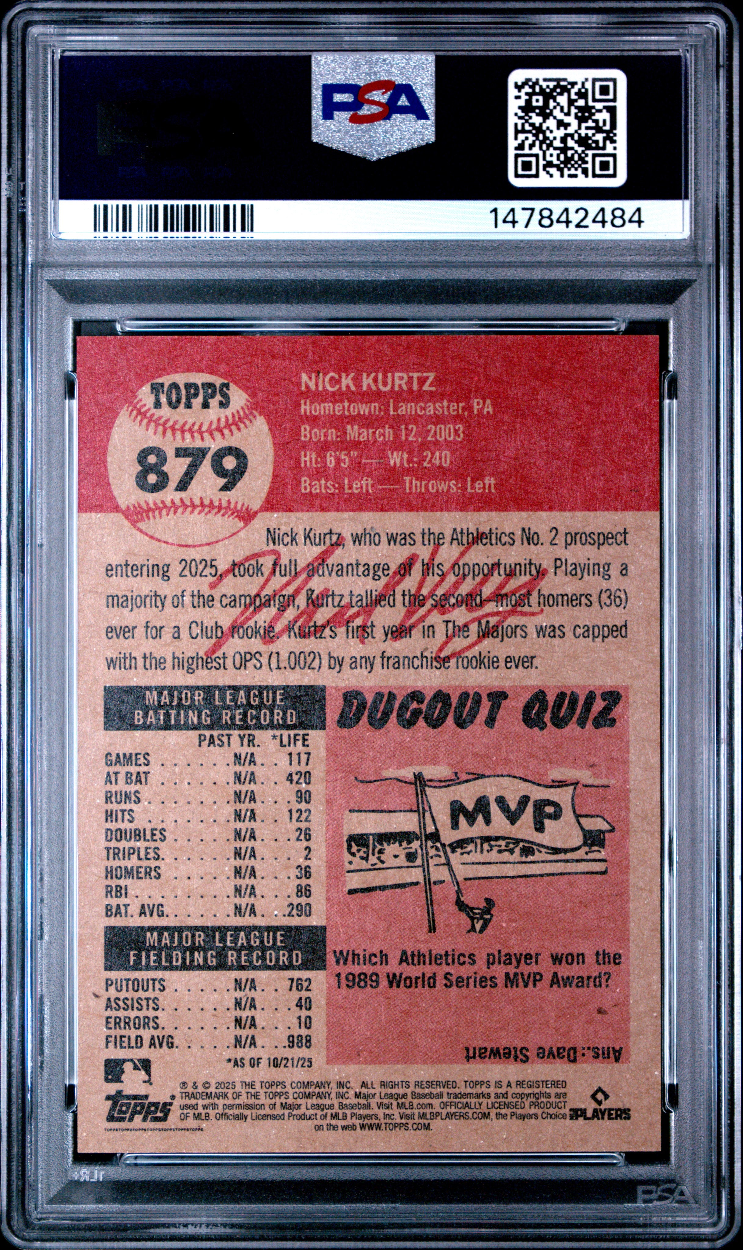 2025 Topps Nick Kurtz 879 Topps Living PSA 9