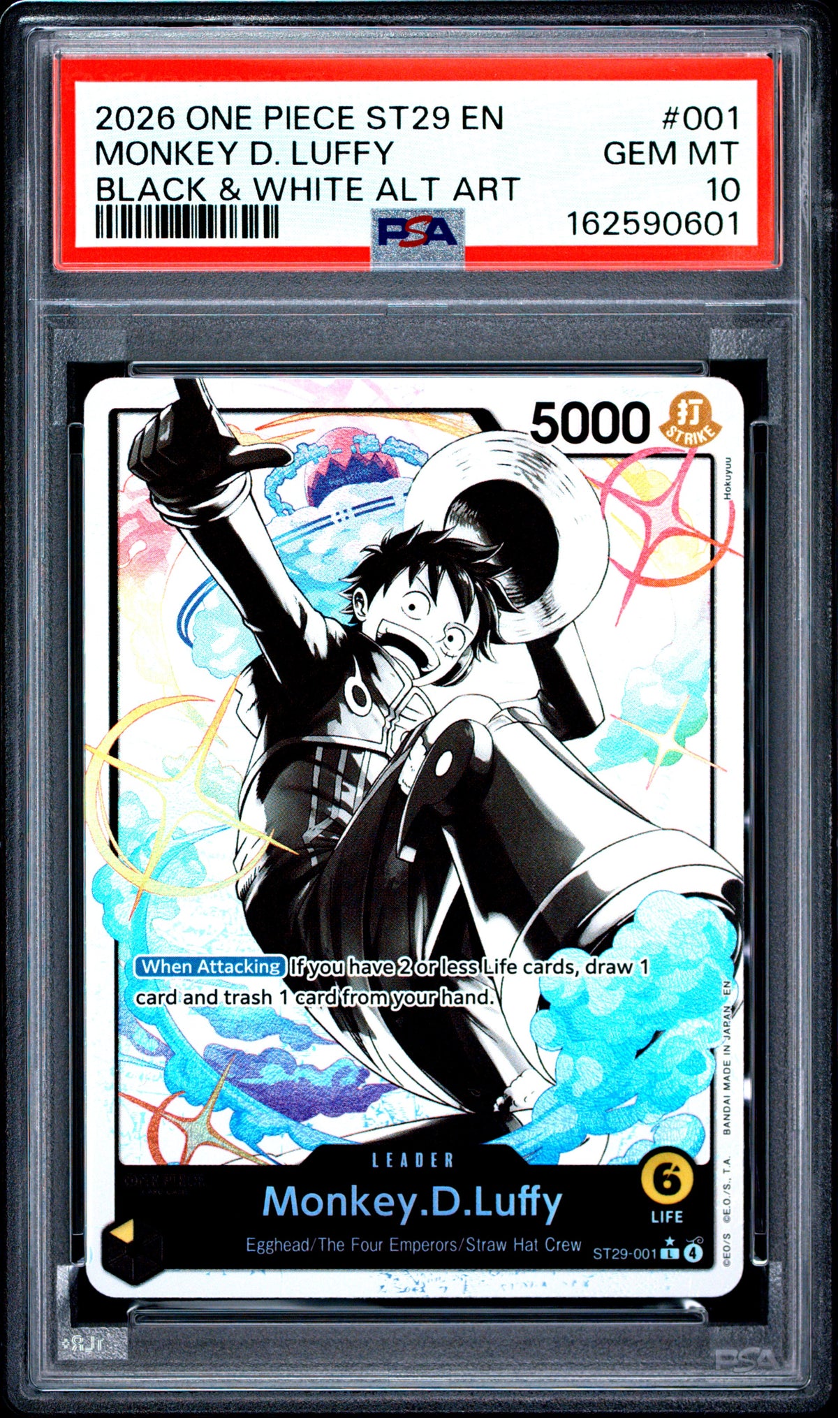2026 One Piece Monkey D. Luffy 001/114 One Piece Starter Deck St29-Egghead Black & White Alternate Art PSA 10