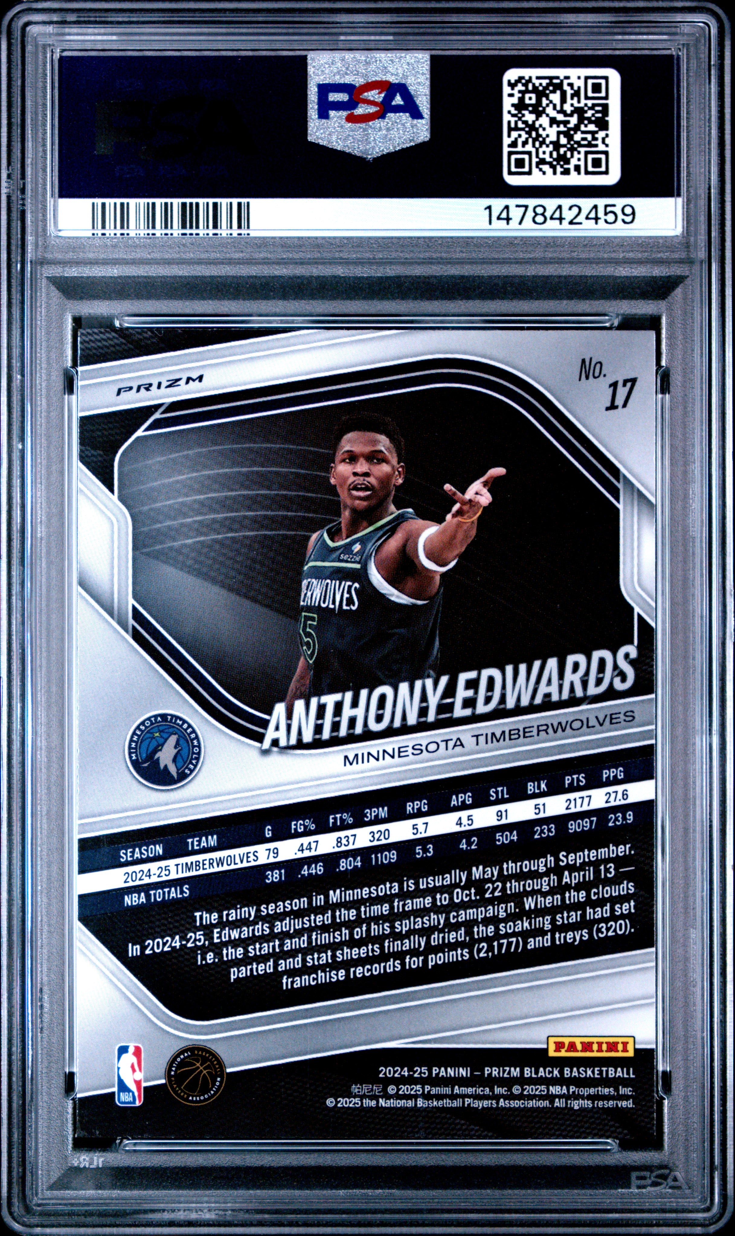 2024 PANINI PRIZM BLACK #17 ANTHONY EDWARDS RUBY WAVE PSA 9