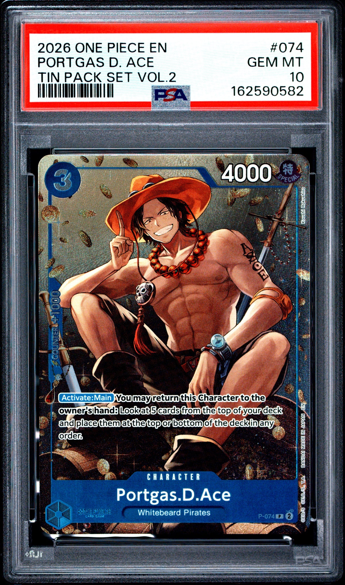 2026 ONE PIECE PORTGAS D. ACE 074 ONE PIECE PROMO TIN PACK SET VOL.2 PSA 10