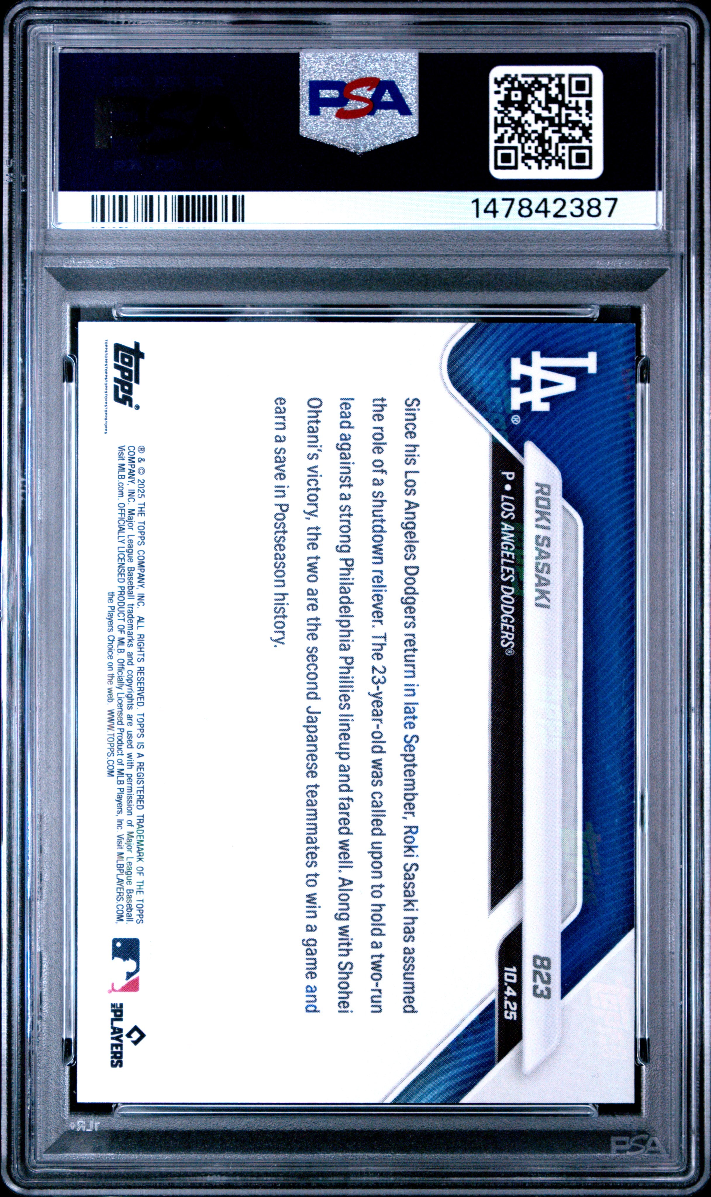 2025 Topps Roki Sasaki 823 Topps Now PSA 10