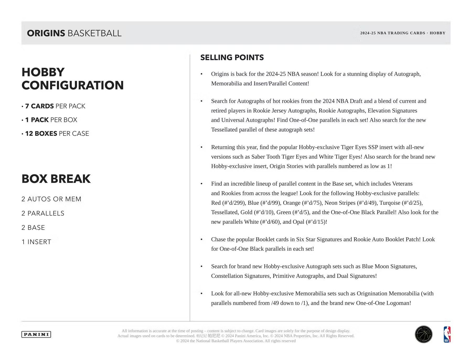 2024-25 Panini NBA Origins Basketball Hobby Box