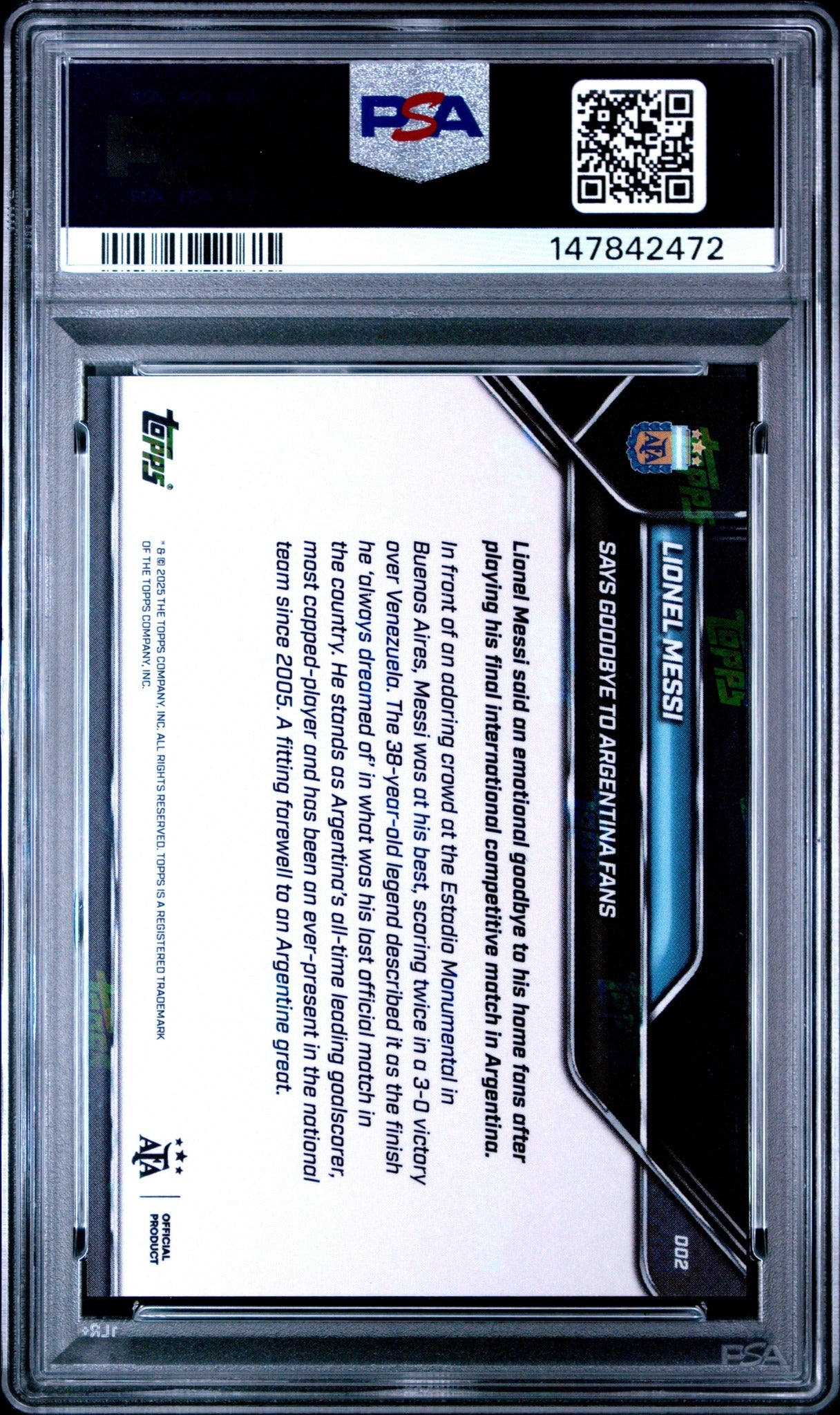 2024 TOPPS NOW ARGENTINA #2 LIONEL MESSI PSA 10