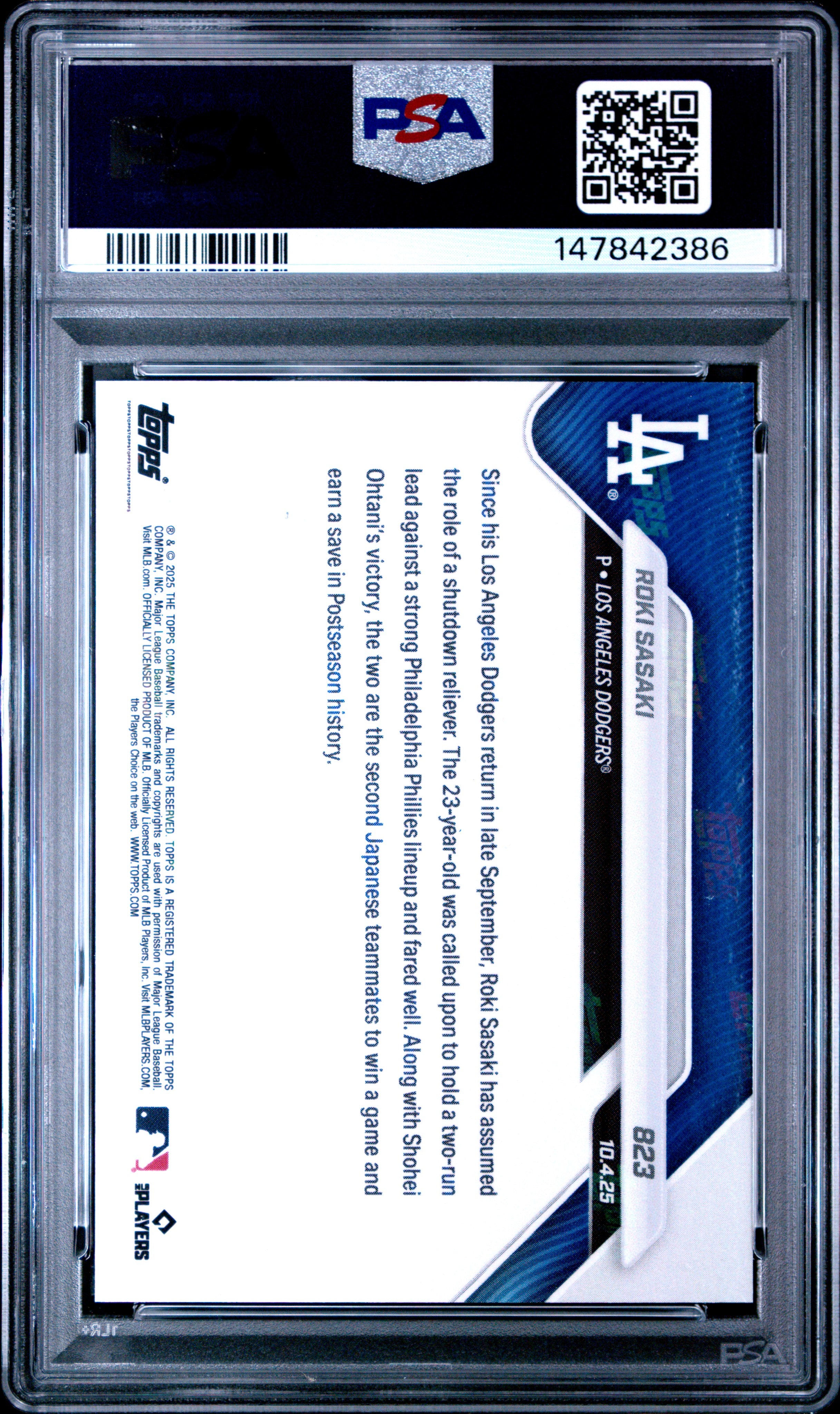 2025 Topps Roki Sasaki 823 Topps Now PSA 10